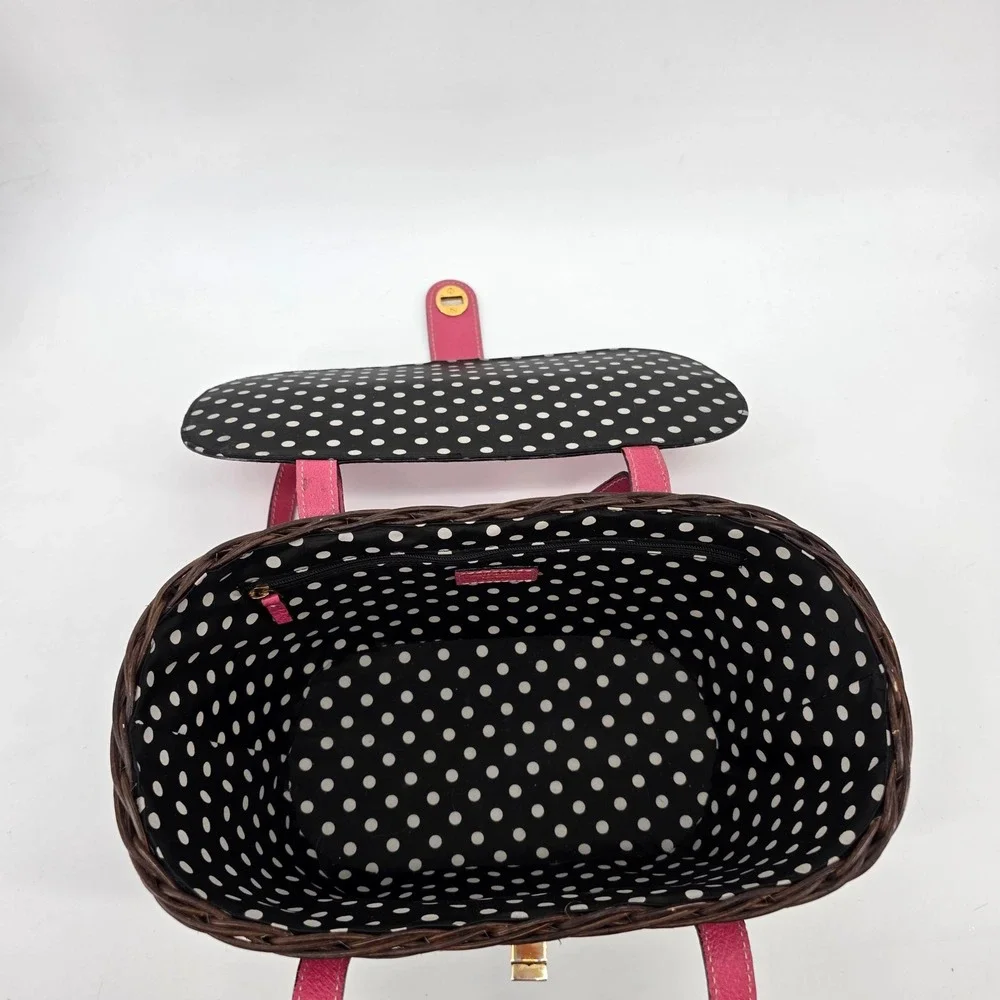 Kate Spade Pink Leather Dark Brown Wicker Picnic Basket Polka Dot Satchel Bag